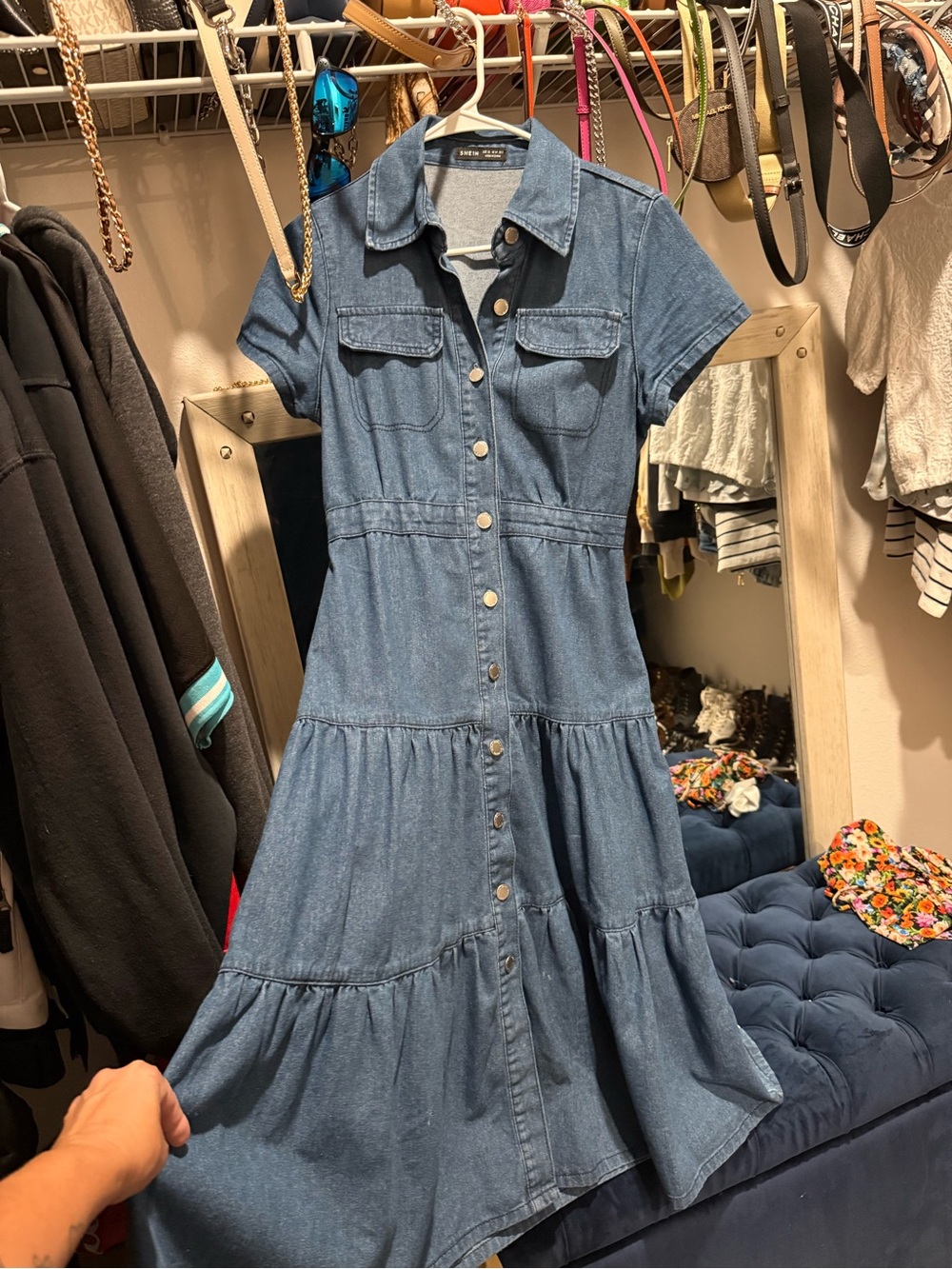 Denim Button-Front Midi Dress - Blue